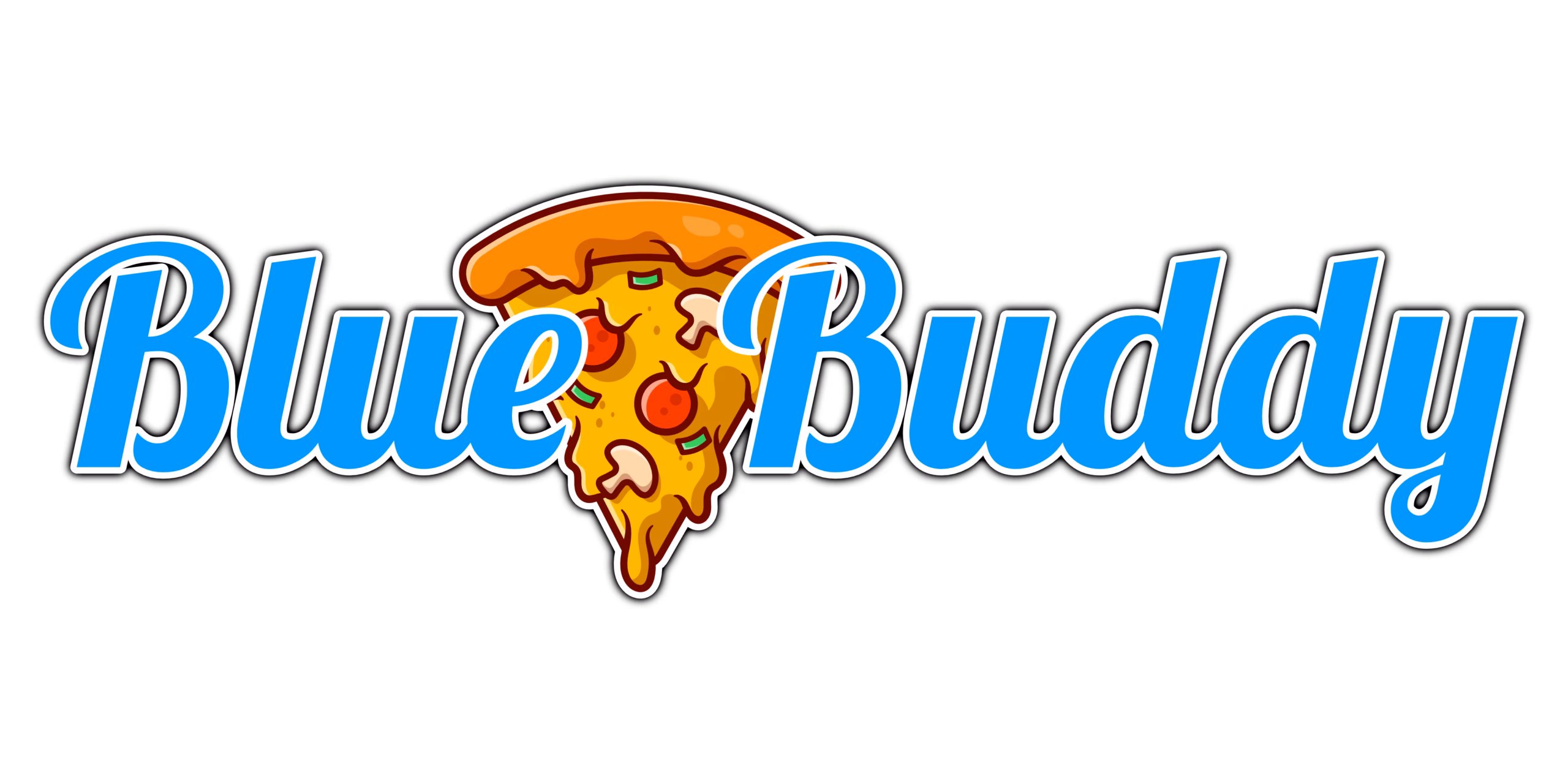 Auf dem Bild zum Banner von Bluebuddy ist der gleichnamige Schriftzug zu sehen bei dem sich ein Stück Pizza in der Mitte befindet.